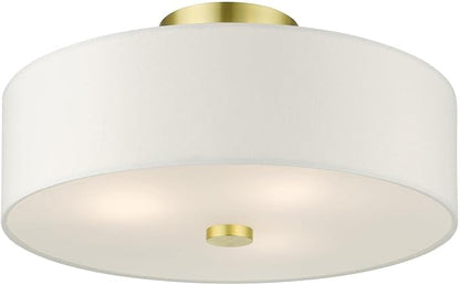 Livex Lighting 51054-12 Meridian Collection 3-Light Semi Flush Mount Ceiling Light with Off-White Hardback Fabric Shade, Satin Brass