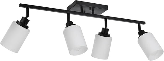 TODOLUZ Adjustable Ceiling Spotlight in Black, 4-Lights Kitchen Island Light Fixtures Ceiling Wall Mount, Track Lighting Kit with Opal White Glass Hallway Dining Room