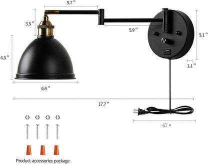 Swing Arm Wall Sconces, Plug-in Wall lamp,Bedroom Wall lamp ， White Fabric Shade，，with dimmable Switch and USB Charging Port, Suitable for Bedside, Living Room, Reading (Metallic Black)
