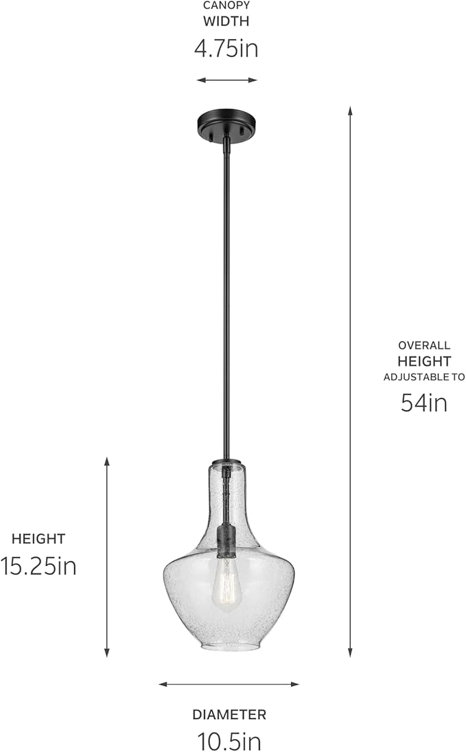 Kichler Everly 1-Light Bell Pendant Light Fixture with Clear Seeded Glass in Black for Kitchen Island, Dining Room, or Home Bar (15.25" x 10.5"), 42141BKCS