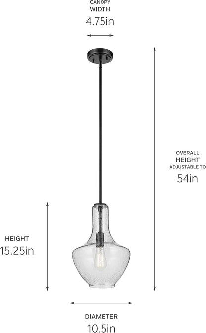 Kichler Everly 1-Light Bell Pendant Light Fixture with Clear Seeded Glass in Black for Kitchen Island, Dining Room, or Home Bar (15.25" x 10.5"), 42141BKCS