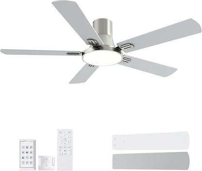 SNJ 52 Inch Brushed Nickel Ceiling Fans with Lights and Remote,Flush Mount Low Profile 5 Blades Ceiling Fan,Dimmable Quiet Reversible DC Motor for,Living Room,Bedroom and Patio