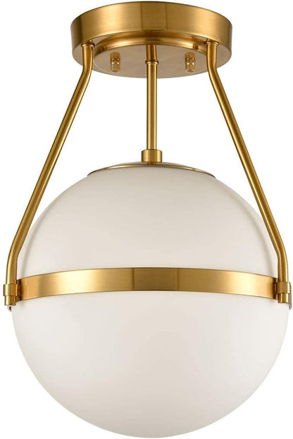 HOLKIRT Mid Century Modern Globe Semi Flush Mount Ceiling Light Fixture,White Opal with Brass Finish,Living/Dinning Room-Dimmable