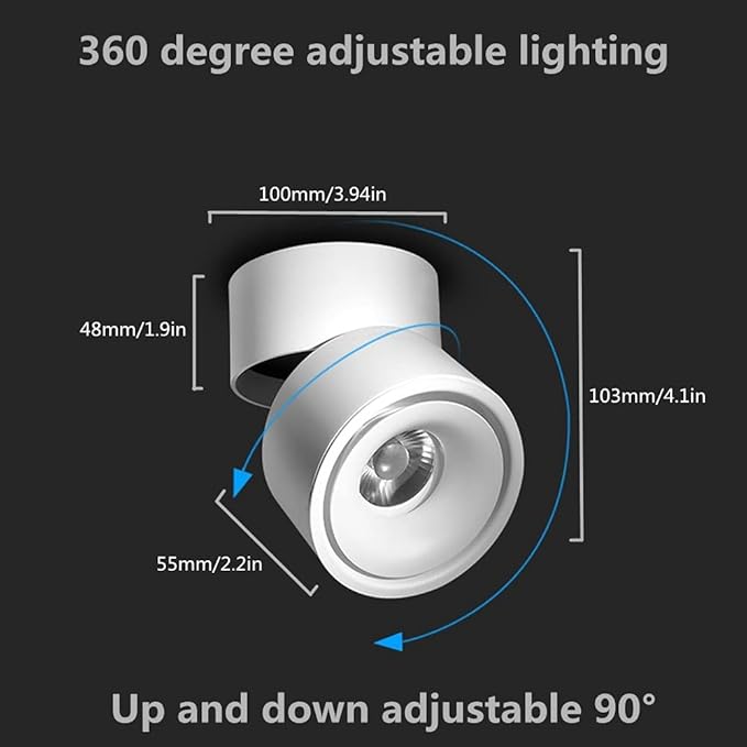 LED Ceiling Spotlight-Indoor 360°Adjustable Surface Mounted 10W COB Ceiling Downlight-Wall Lamp for Picture Background Wall Display Lighting(White,3000K Warm Light)