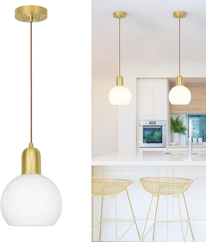 Mid Century Pendant Light with White Striped Glass, Ribbed Pendant Lighting, Brass Gold Kitchen Island Light, Globe Pendant Light Fixture, Adjustable Hanging Light for Barthroom Dining Room Hallway