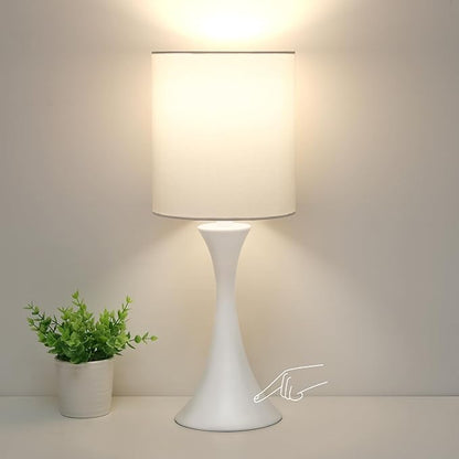 Modern Table Lamps, 3 Way Touch Control Table Lamp, Dimmable Desk Lamp, White Nightstand Lamp with Fabric Shade, Small Bedside Lamp for Living Room, Dorm,Home Office, LED Bulb Included