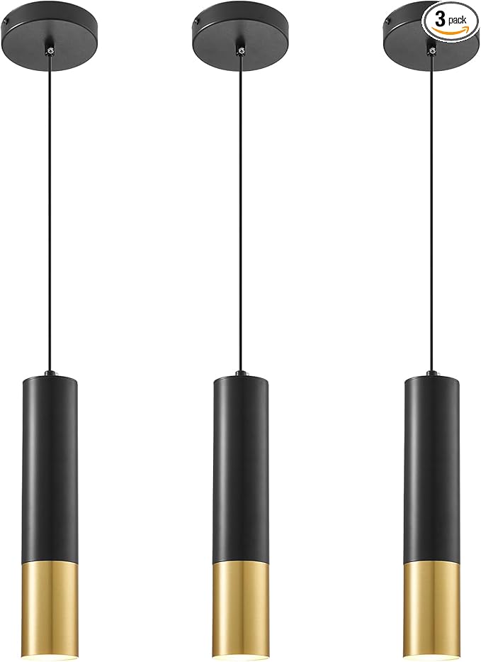 Modern Pendant Lights Fixtures 4000K, Black and Gold Pendant Light Kitchen Island 3 Pack with LED Bulb, Minimalist Hanging Lights for Kitchen Dining Room Bedroom Bar 5W