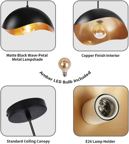 Modern Wave Pendant Light, 11" Black and Gold Dome Shade, LED Ceiling Light Fixture with Globe Bulb, Contemporary Hanging Light for Kitchen, Dining Room, Bedroom