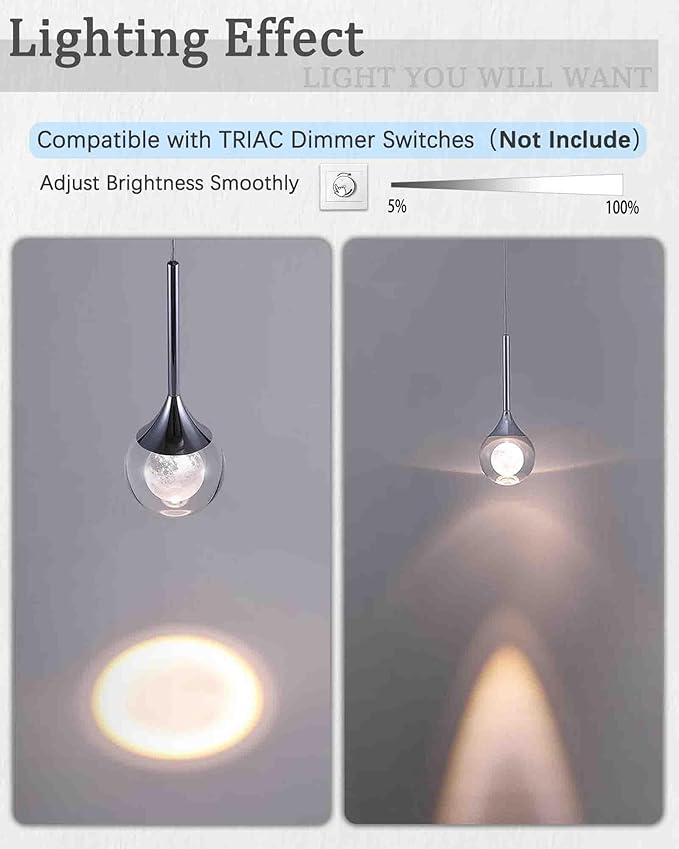 Modern Crystal Moon Pendant Light, Chrome Dimmable Natural White (3000K) LED Hanging Light Fixture for Kitchen Island, Dining Room, Bar, Bedroom