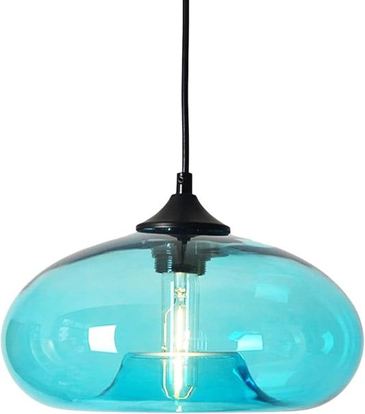 11" Industrial Vintage Colorful Glass Pendant Lighting 1-Light Farmhouse Loft Bar Ceiling Hanging Lamp Kitchen Island Dining Room Bedroom Chandelier (Blue)