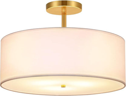 FRIDEKO HOME 3-Light Semi Flush Mount Ceiling Light Fixture, 15.74" Gold Drum Light, Modern Close to Ceiling Light with White Fabric Shade Lamps for Bedroom Living Room Kitchen Hallway Entryway Foyer