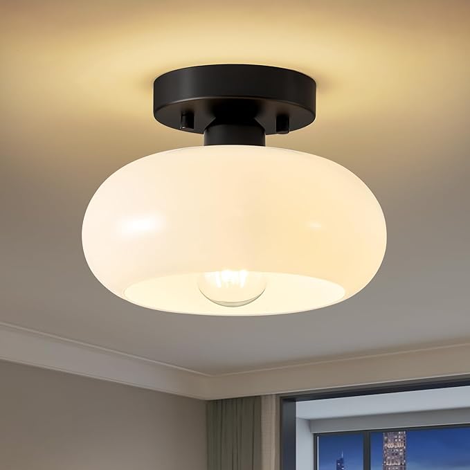 WOKNOS Mid-Century Modern Semi Flush Mount Ceiling Light, Metal Kitchen Light Fixture with Glass Shade, Mini White and Black Colse to Ceiling Lamp for Entryway Hallway Bathroom (8.66 Inch)