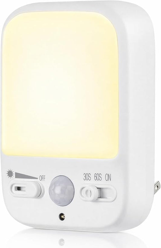 LED Motion-Activated Night Light Rotatable Dusk to Dawn AC Outlet Plug-in Wall Night Sensor Light for Bedroom Hallway Stairway Garage Basement Corridor Indoor