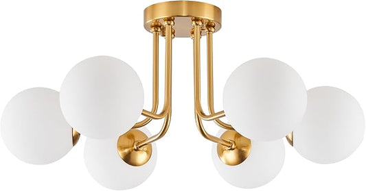 Modern Semi Flush Mount Ceiling Light,Gold White Glass Shade Semi Ceiling Light 6-Light,Sputnik Chandeliers for Bedroom Living Room Hallway Dining Room Lighting Fixture