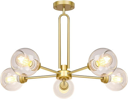 Globe Chandelier Pendant Lighting, Gold Modern Large Semi-Flush Ceiling Light Fixture with Clear Glass, 5-Light Sputnik Light Fixture Dining Room, for Kitchen Living Room Bedroom