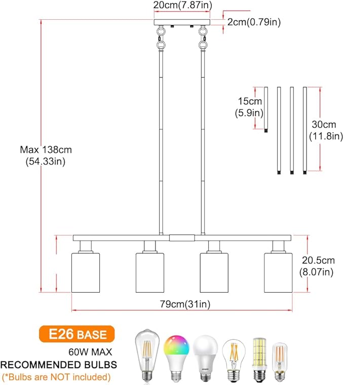 Brushed Nickel 4-Light Kitchen Island Lighting, Adjustable Island Lights for Kitchen with Clear Glass Shades - Kitchen Pendant Lighting over Sink, Farmhouse Chandelier for Dining Tables & Bars