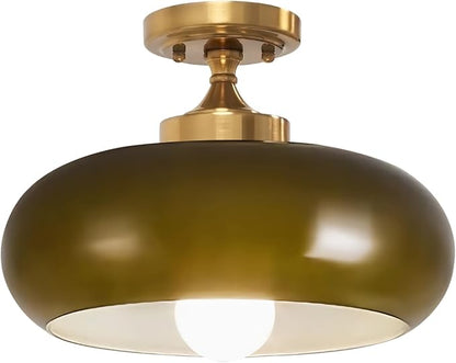 Dark Green Semi Flush Mount Ceiling Light Fixture, 11.02" Mid Century Modern Gold Close to Ceiling Light Fixture, Vintage Retro Ceiling Lamp for Bedroom Hallway Kitchen Entryway