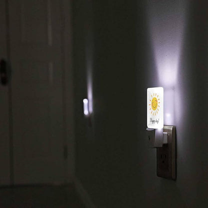 LED Night Light,Cartoon Cute Sun Icon Happy Day Word LED Night Light Plug into Wall with Dusk to Dawn Light Sensor White Energy Efficient Nightlight for Bedroom Hallway Living Room Kitchen