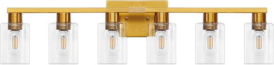Gold 6 Light Bathroom Vanity Light Brush Gold Bathroom Light Fixtures Brass Vanity Lights for Bathrrom Large Wall Sconce with Clear Glass Shade E26 Socket