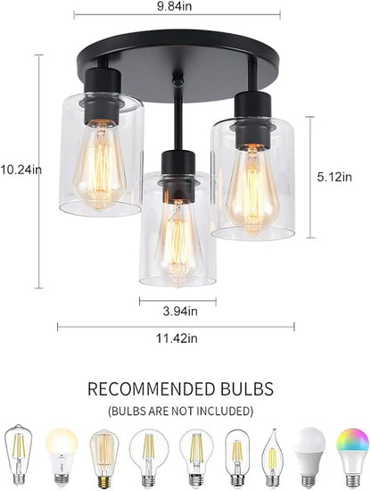 3-Light Industrial Farmhouse Black Matte Light Fixtures Ceiling Mount, with Clear Glass Shades Semi Flush Mount Ceiling Light, for Hallway Fixtures Kitchen, Foyer