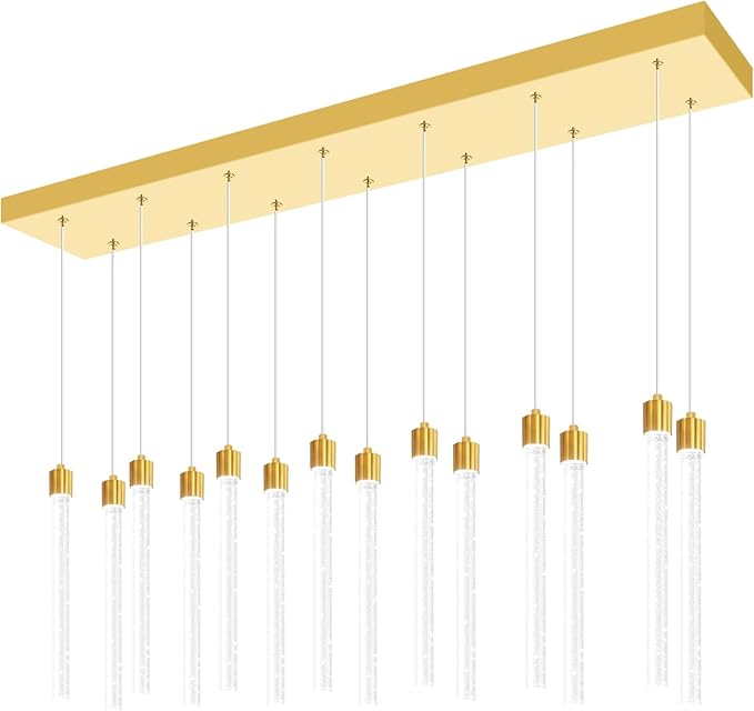 Modern Rectangular Crystal Chandelier for Dining Room LED Dimmable Crystal Column Pendant Light for Kitchen Island Entrance Foyer Living Room Adjustable Height 14-Lights Gold