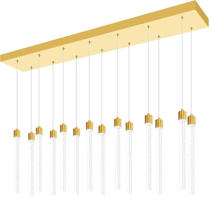 Modern Rectangular Crystal Chandelier for Dining Room LED Dimmable Crystal Column Pendant Light for Kitchen Island Entrance Foyer Living Room Adjustable Height 14-Lights Gold