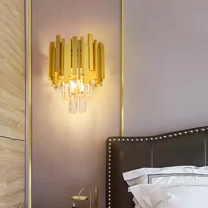 FRIXCHUR RIXCHUR Gold Crystal Wall Sconce 3-Tier Modern Wall Light Fixture for Bedroom Dining Room Hallway Staircase, 2 x E12 Base (Bulb Not Included)