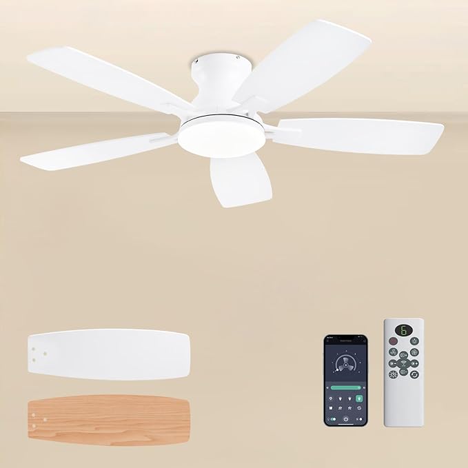 JSAITEE Ceiling Fans with Lights, 42 Inch Low Profile Ceiling Fan with Light and Remote Control, Flush Mount, DC Reversible Motor, Noiseless, White 6 Speeds Ceiling Fan for Bedroom