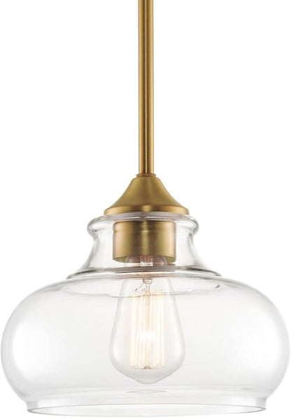 Kira Home Harlow 9" Modern Schoolhouse Pendant Light with Clear Glass Shade, Industrial Farmhouse Hanging Light with Schoolhouse Glass, Warm Brass Finish