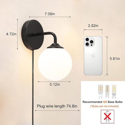 Black Plug in Wall Sconces Set of 2, Wall Light with Plug in Cord On/Off Switch, Mid Century Art Deco Plug Sconce with Milky White Globe Glass Lampshade Wall Lamp for Bedroom Living Room Hallway