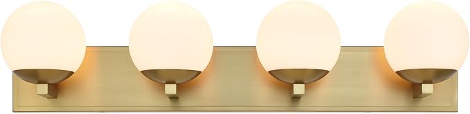 Gold Bathroom Vanity Light Fixtures, 4-Light Globe Bathroom Lighting Fixtures Over Mirror, Modern Wall Lights for Living Room, Long Backplate, Standard E26 Base, Aged Brass