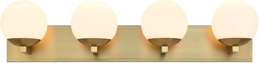 Gold Bathroom Vanity Light Fixtures, 4-Light Globe Bathroom Lighting Fixtures Over Mirror, Modern Wall Lights for Living Room, Long Backplate, Standard E26 Base, Aged Brass