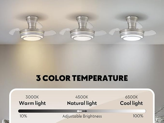 Retractable Small Led Ceiling Fan with Light and Remote 28 Inch Low Profile Brushed Nickle Modern Fandelier for Bedroom Living Room Dimmable 6 Speed Reversible Smart Ceiling Fan
