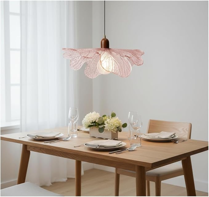 15.75" Pink Petal Glass Pendant Light Modern Hanging Ceiling Light Adjustable 59" Cord, E26 Base, Metal & Wood Finish for Dining Room, Living Room Kitchen