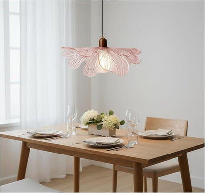 15.75" Pink Petal Glass Pendant Light Modern Hanging Ceiling Light Adjustable 59" Cord, E26 Base, Metal & Wood Finish for Dining Room, Living Room Kitchen