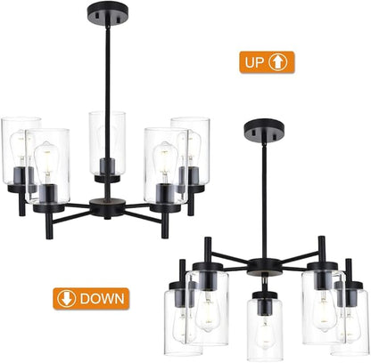 5 Light Contemporary Chandeliers Black Modern Lighting Fixtures Hanging,Industrial Vintage Pendant Lights with Clear Glass Shade Flush Mount Ceiling Light for Dining Room Bedroom