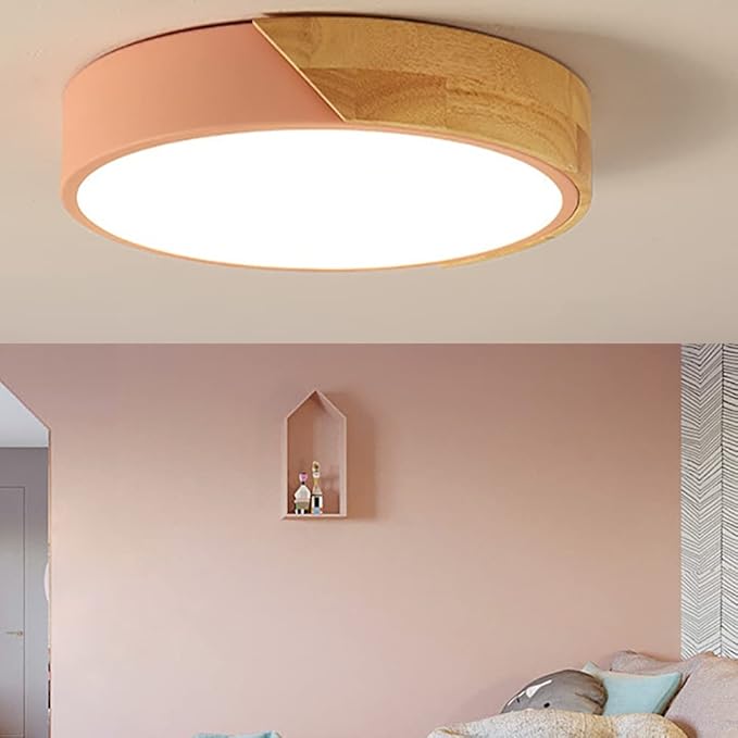 LED Ceiling Light Fixture,16 Inch Modern Wood Recessed Ceiling Lights, Dimmable Light,Pink 24W Close to Ceiling Lighting Flush Mount Living Room Bedroom,3000K-6000K