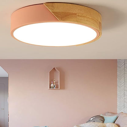 LED Ceiling Light Fixture,16 Inch Modern Wood Recessed Ceiling Lights, Dimmable Light,Pink 24W Close to Ceiling Lighting Flush Mount Living Room Bedroom,3000K-6000K