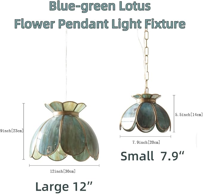 Brass Glass Ceiling Pendant Light, Hanging Chain Lamp, with Vintage Lotus Flower Blue Green Glass Shade for Kitchen Island Dining Room Bedroom Living Room - 7.9" Shade