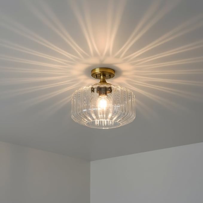 Clear Glass Ceiling Light, Vintage Seeded Glass Flush Mount Fixture with Ribbed Shade, Farmhouse Lighting for Kitchen, Living Room, Bedroom, Entryway, Bathroom