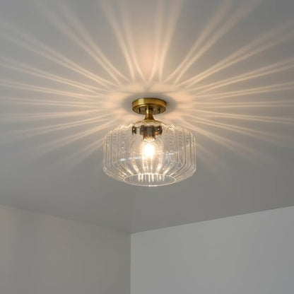 Clear Glass Ceiling Light, Vintage Seeded Glass Flush Mount Fixture with Ribbed Shade, Farmhouse Lighting for Kitchen, Living Room, Bedroom, Entryway, Bathroom