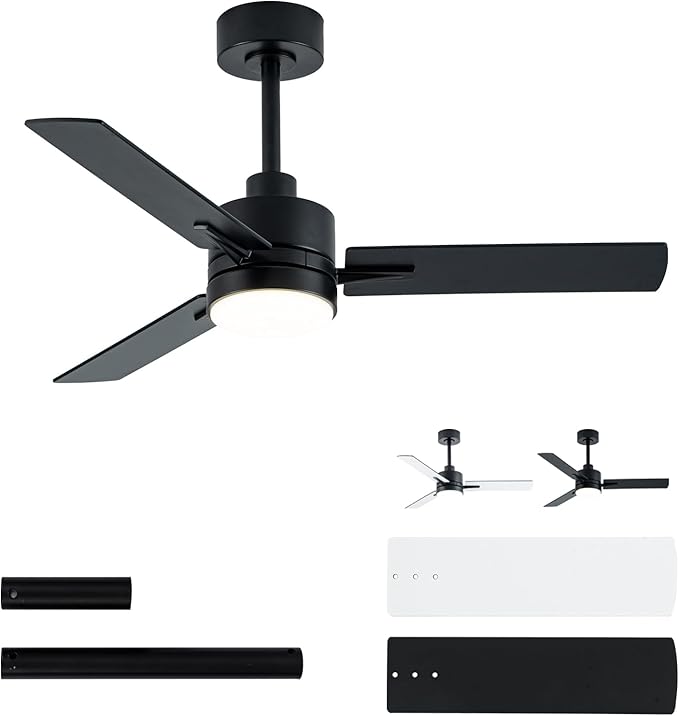 LANMEL 42 Inch Metal Ceiling Fan with Light, Modern Flush Mount Low Profile with Remote Control, Reversible, 3cct Dimmable, Quiet, Black LED for Bedroom, Living Room, Indoor/Outdoor Patio Use