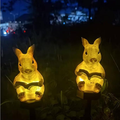 Solar Powered Rabbit Reading Lights, Garden Decorative Resin Cute Animal Ground lamp, Wireless Dusk to Dawn LED Lights Waterproof.