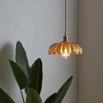 LITFAD Scalloped Glass Flower Ceiling Hanging Light Industrial Single Dining Room Hanging Pendant Light Retro Pendant Lamp for Restaurant Hallway Bar Dining Room - 110V-120V Tan