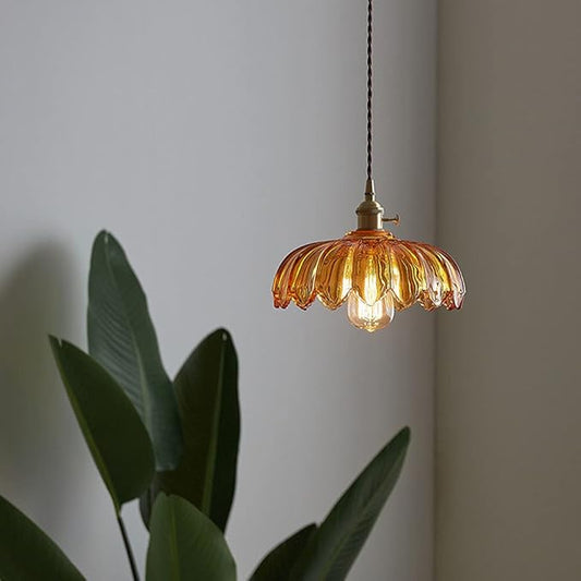 LITFAD Scalloped Glass Flower Ceiling Hanging Light Industrial Single Dining Room Hanging Pendant Light Retro Pendant Lamp for Restaurant Hallway Bar Dining Room - 110V-120V Tan