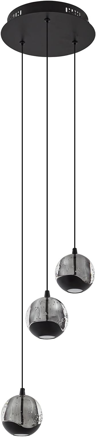 3-Light Black Glass Globe Chandelier, Modern Bubble Glass Cluster Pendant Lights for Kitchen Island & Dining Room Light Fixture & Foyer Chandelier, Warm White 3000K, LED 1175 lm, Ø 9.8 in