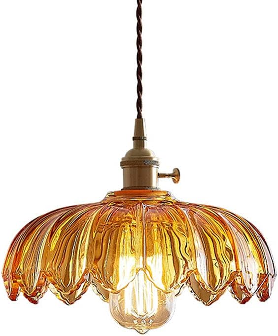 LITFAD Scalloped Glass Flower Ceiling Hanging Light Industrial Single Dining Room Hanging Pendant Light Retro Pendant Lamp for Restaurant Hallway Bar Dining Room - 110V-120V Tan