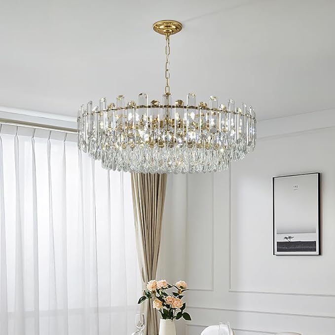 31.5" Gold Crystal Chandeliers Fully Transparent Crystal Modern3-Tier Luxury Pendant Light 12-Light Ceiling Pendant Lighting for Dinning Room Living Room Foyer