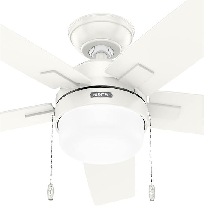 Hunter 44 inch Indoor Ceiling Fan with LED Light - White Ceiling Fan with Pull Chain, for Bedroom or Living Room, Standard Mount, No Remote, 5 Blades, Includes Bulbs - Anisten 52488, Fresh White