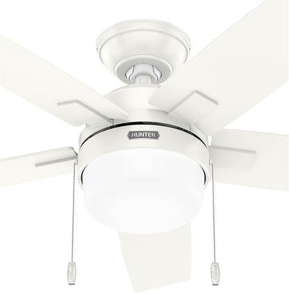 Hunter 44 inch Indoor Ceiling Fan with LED Light - White Ceiling Fan with Pull Chain, for Bedroom or Living Room, Standard Mount, No Remote, 5 Blades, Includes Bulbs - Anisten 52488, Fresh White